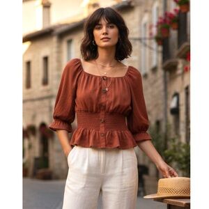 New MERAKI Orange Boho Blouse Women’s Top Button Accents Cinched Waist Sz M